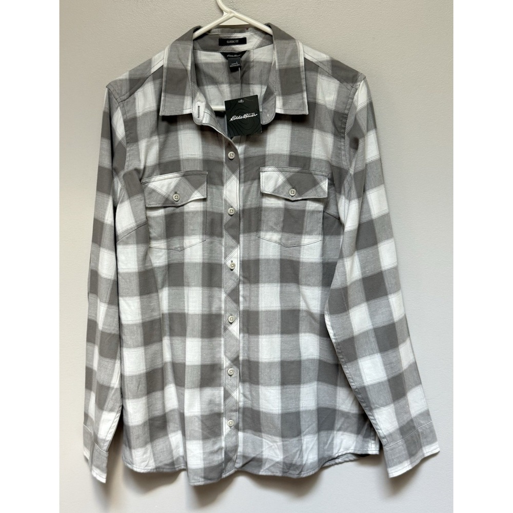 NWT EDDIE BAUER Womens Stines Field Flannel Gray Plaid Button Shirt Large